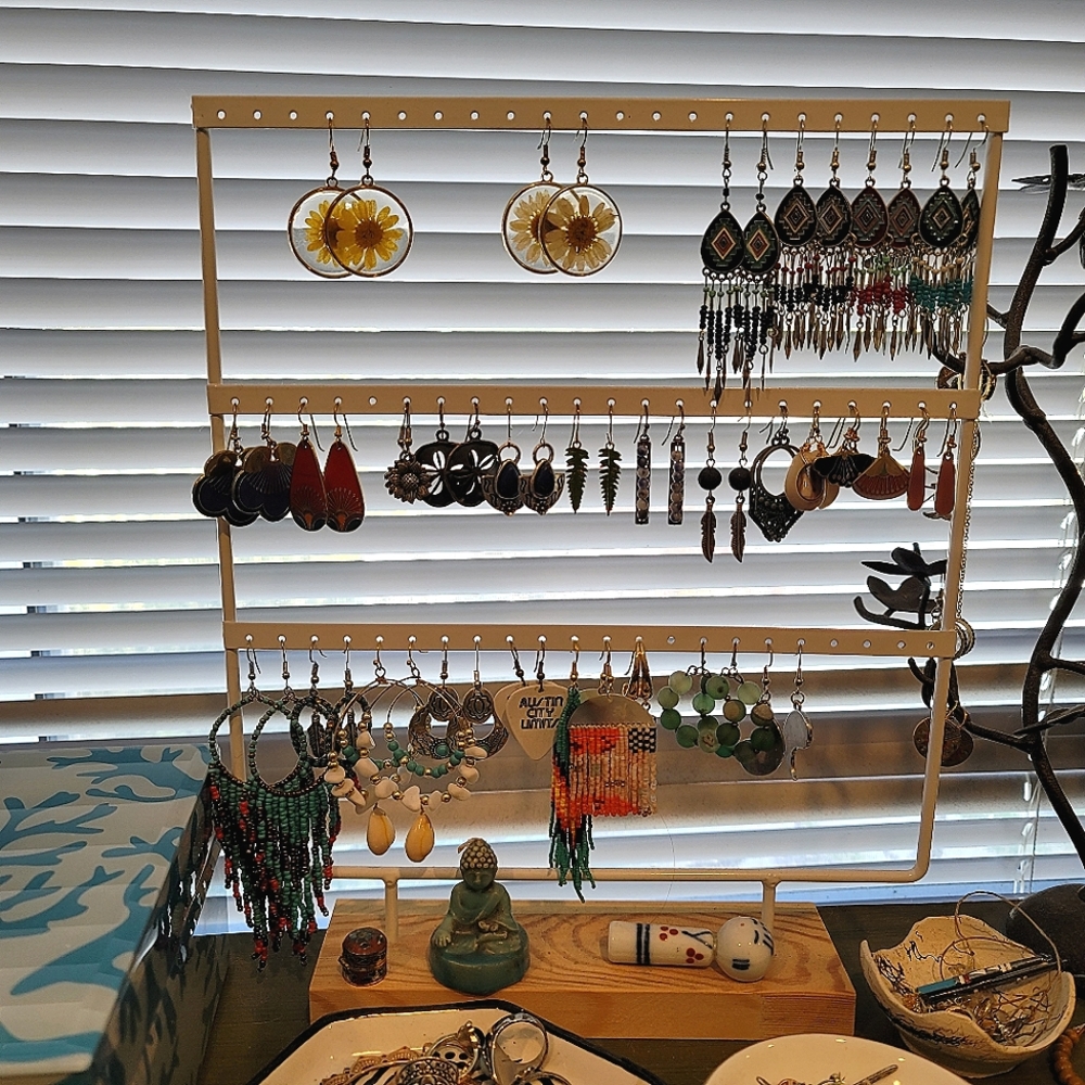 Wood and White Metal Earring Stand, Holds 33-66 Pairs, Yours Will Be Brand New!